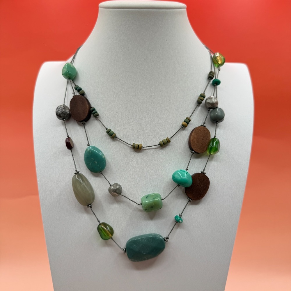 Green Teal Brown Multi Strand Necklace Wood Beads Boho Statement Layering Gift